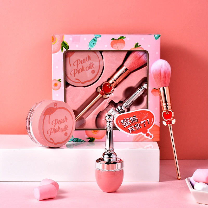 Honey Peach Lovely Heartbeat Beauty Makeup Set Loose Powder Liquid Blusher and Love Powder-Brush Long Lasting Matte Nude Makeup