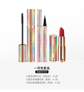 Brand hengfang dazzling starry box three-in-one lipstick mascara eyeliner cinnabar red maple leaf red lipstick 3PCS / 1 box cosm