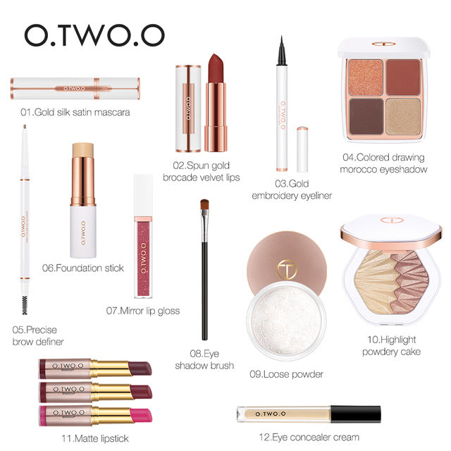 O.TWO.O 14pcs/lot Cosmetic Kit Full Makeup Set Include Eyeshadow Palette Lipstick Concealer Foundation Stick Eyebrow Eyes Brush
